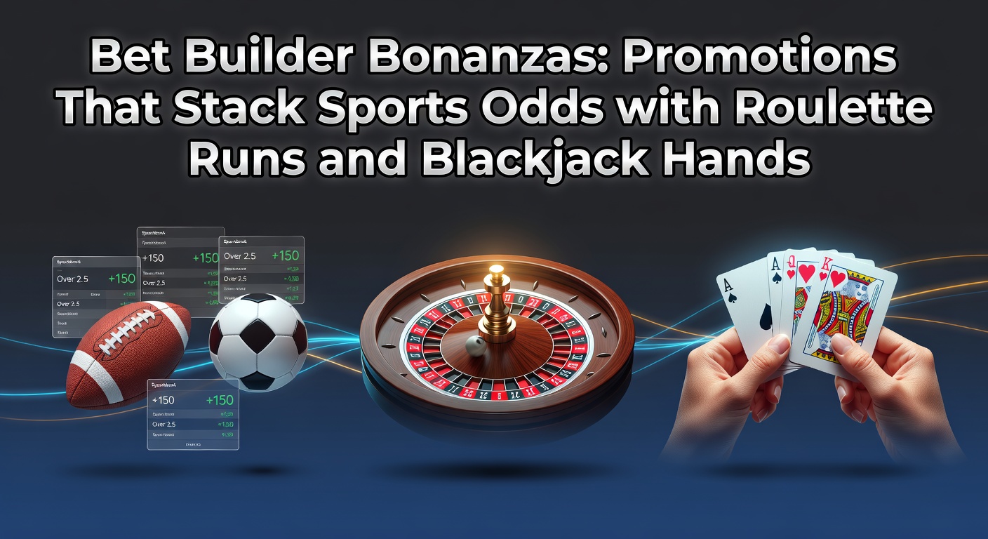Dynamic graphic showing a bet builder slip merging with roulette wheel spins and blackjack card deals, highlighting promotional boosts
