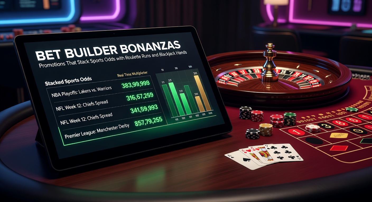 Screenshot of a promotional dashboard displaying bet builder success unlocking roulette spins and blackjack bonus chips, with odds stacking visually