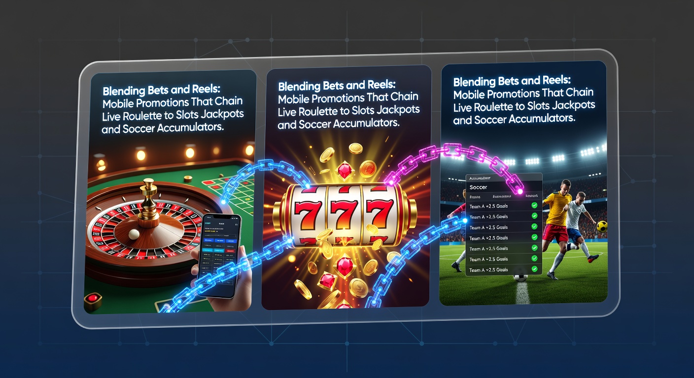 Mobile screen showing live roulette wheel spinning alongside slot reels and soccer match highlights, illustrating chained promotions