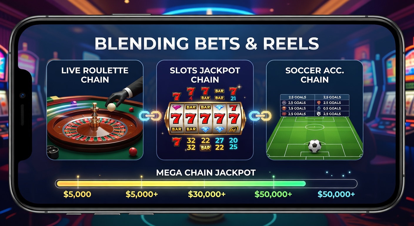 Infographic depicting a chain linking a roulette table, glowing slot jackpot meter, and soccer goal net with mobile app notifications overlay