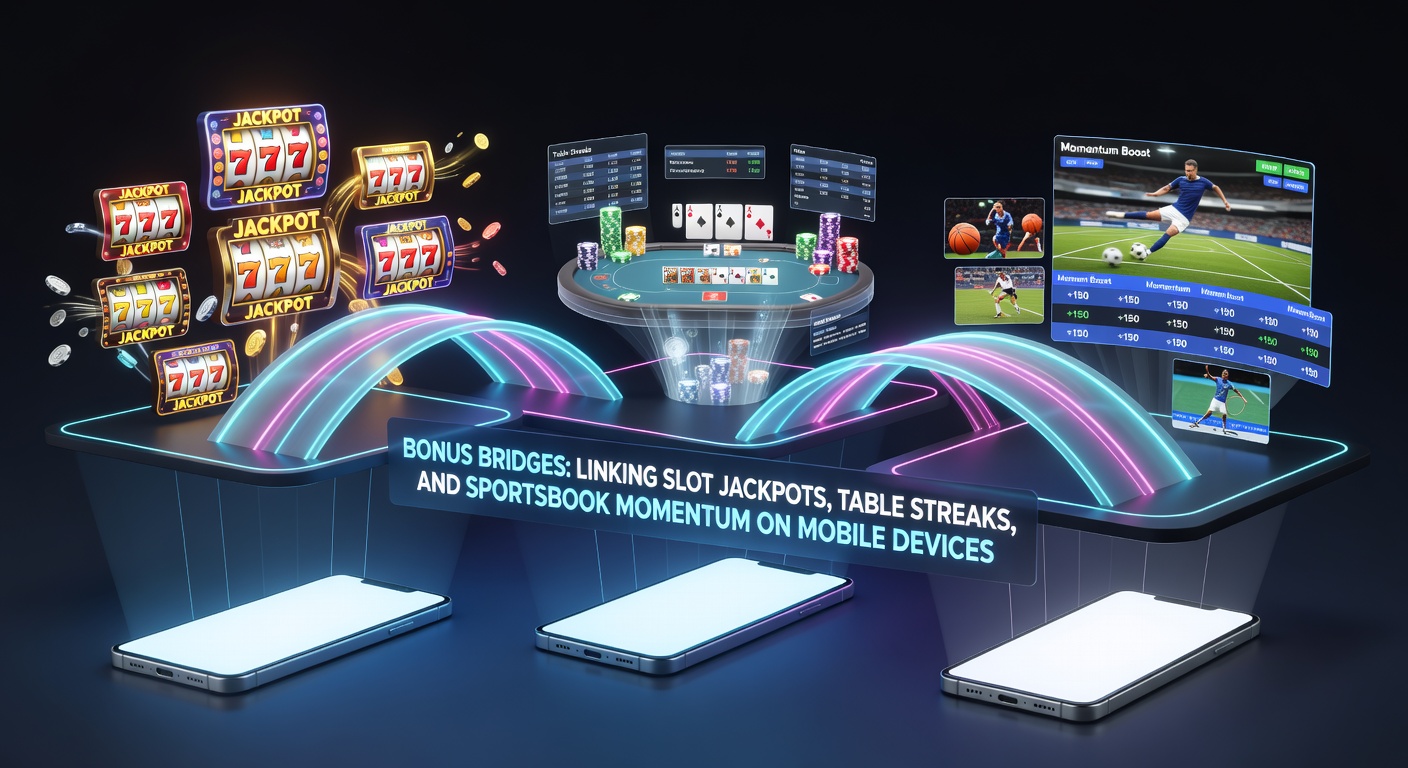 Mobile screen showing interconnected casino games with bonus icons linking slots, tables, and sports betting
