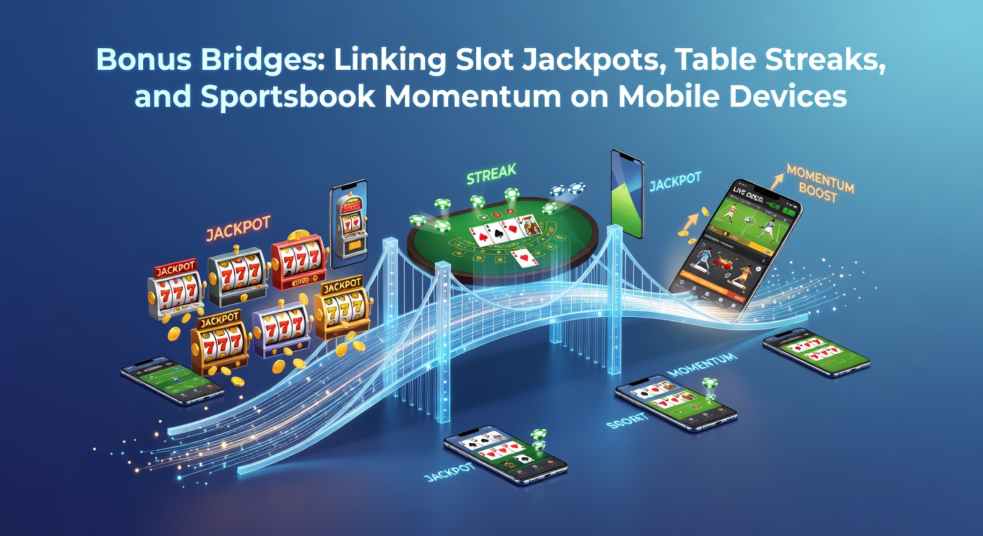 Dynamic mobile app interface displaying bonus bridges connecting a slot jackpot wheel, blackjack streak counter, and live sports odds