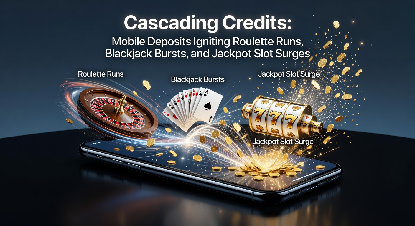 Dynamic graphic of cascading coin stacks from a mobile deposit screen flowing into blackjack cards, slot reels, and a glowing jackpot meter