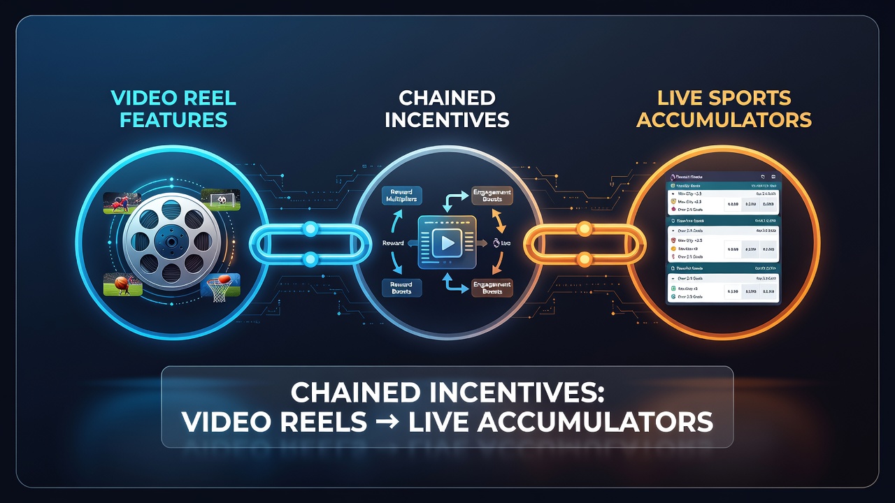 Digital interface showing video reel features transitioning into live sports accumulator options on a mobile betting platform