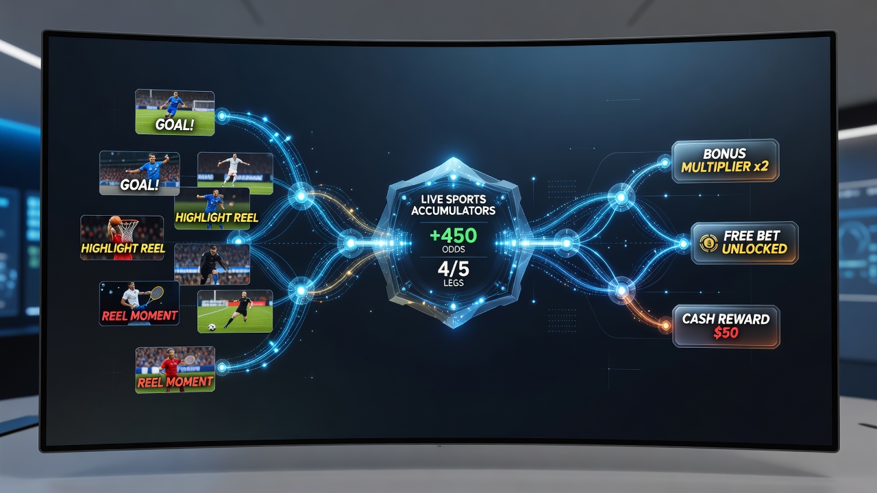 Mobile screen displaying chained incentives where video reel progress unlocks accumulator bonuses in a live sports betting section