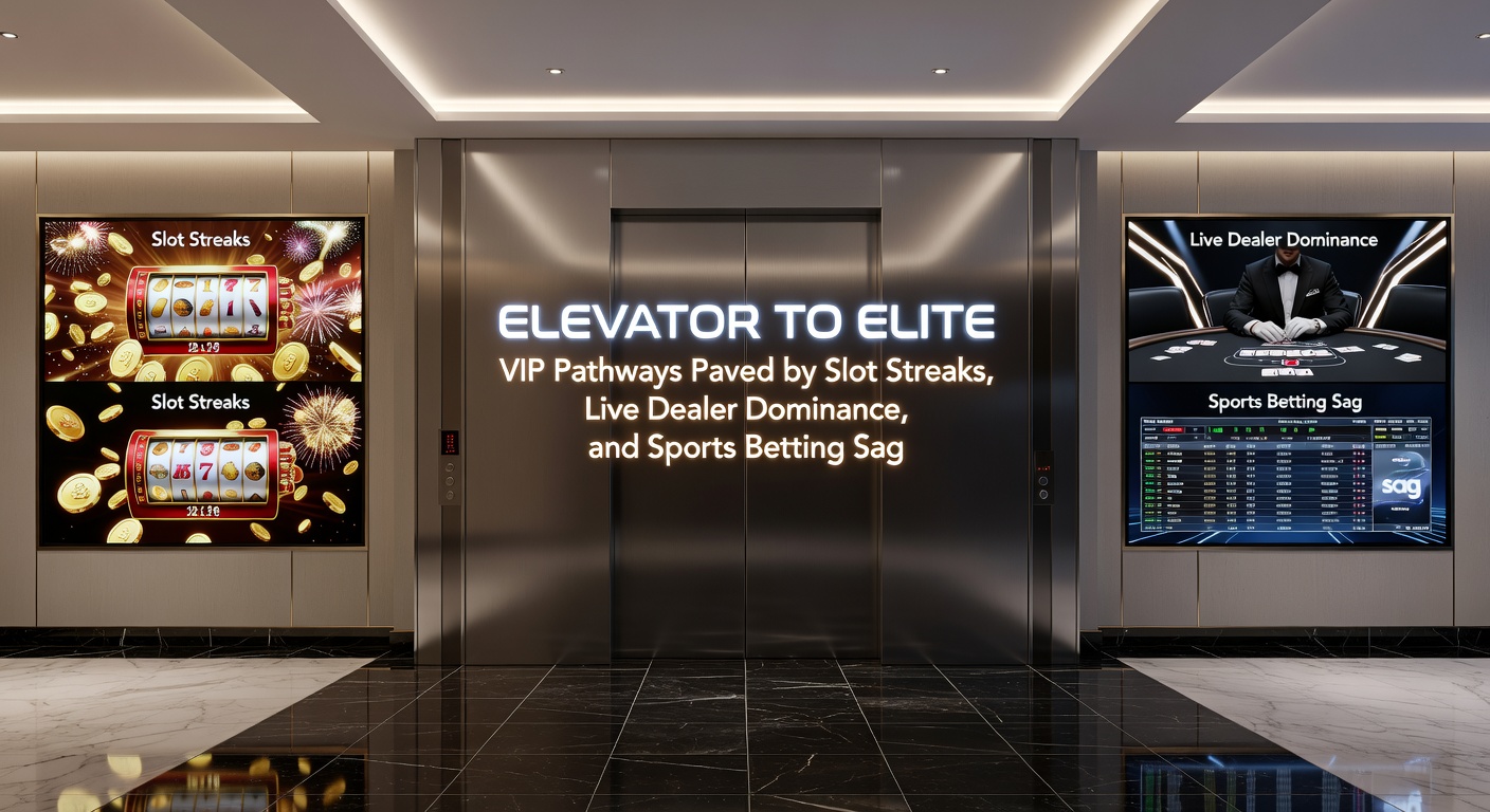 Dynamic split-screen of a player celebrating a slot jackpot, engaging in a live dealer blackjack hand, and placing a sports parlay bet, illustrating cross-game VIP progression