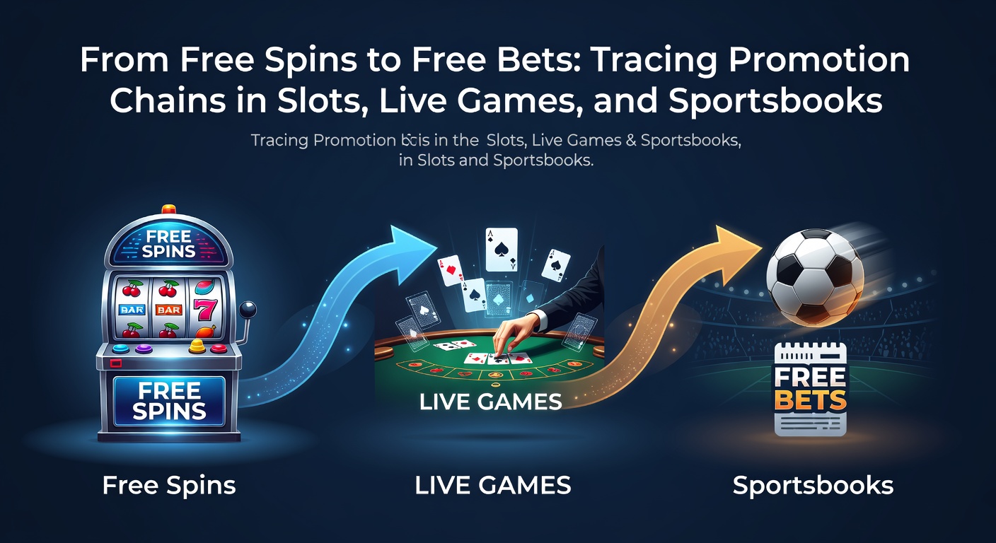 Colorful slot machine reels spinning with free spin icons transitioning into sportsbook betting slips, illustrating promotion chains across casino and sports products