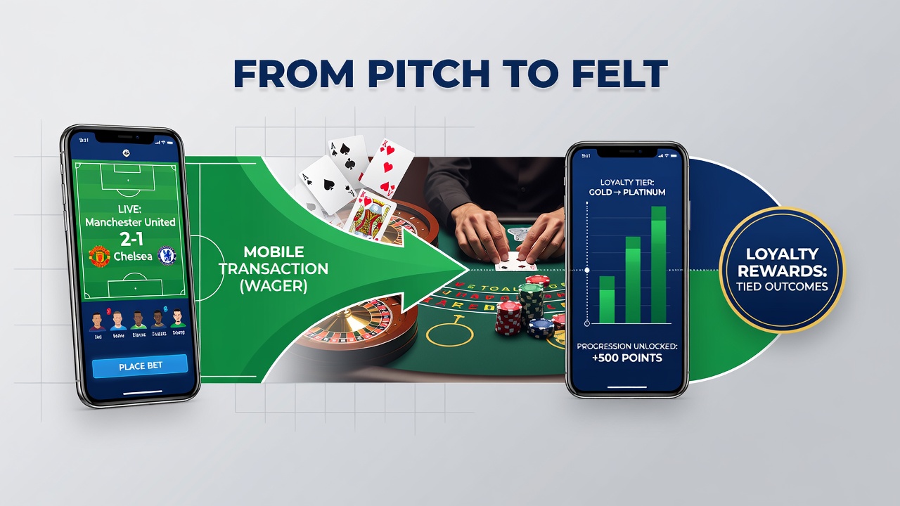 Loyalty dashboard displaying progression bars that advance based on combined sports wins and blackjack hands via mobile transactions
