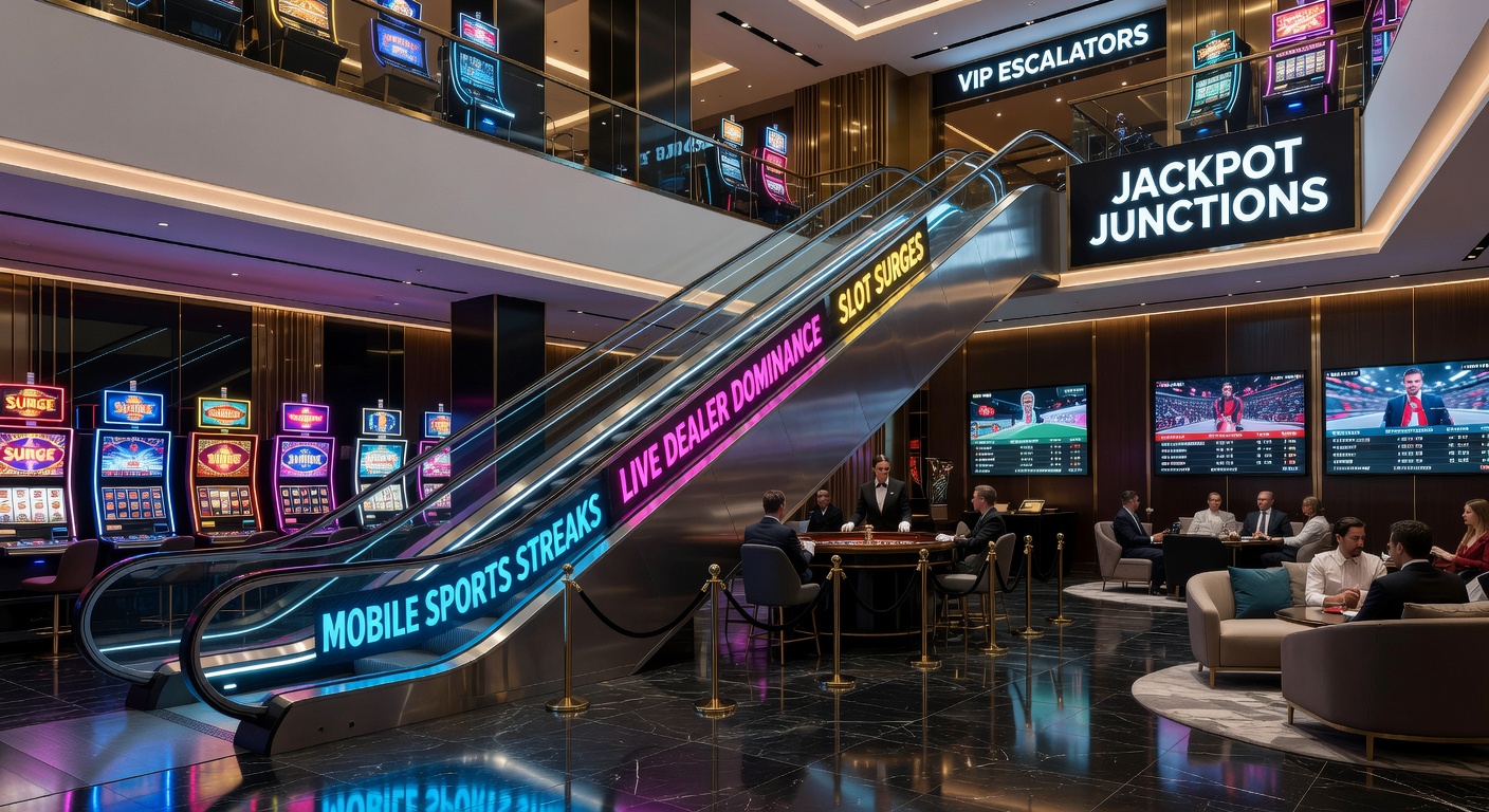 Vibrant digital display showing cascading slot jackpots intertwined with mobile sports betting interfaces and live dealer tables, illustrating VIP progression pathways