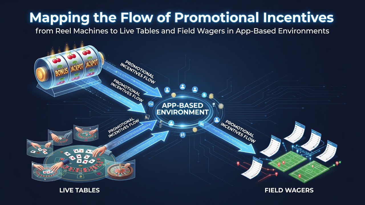 Diagram showing promotional bonus flows from slot reels to live dealer tables and sports wagers in a mobile app interface