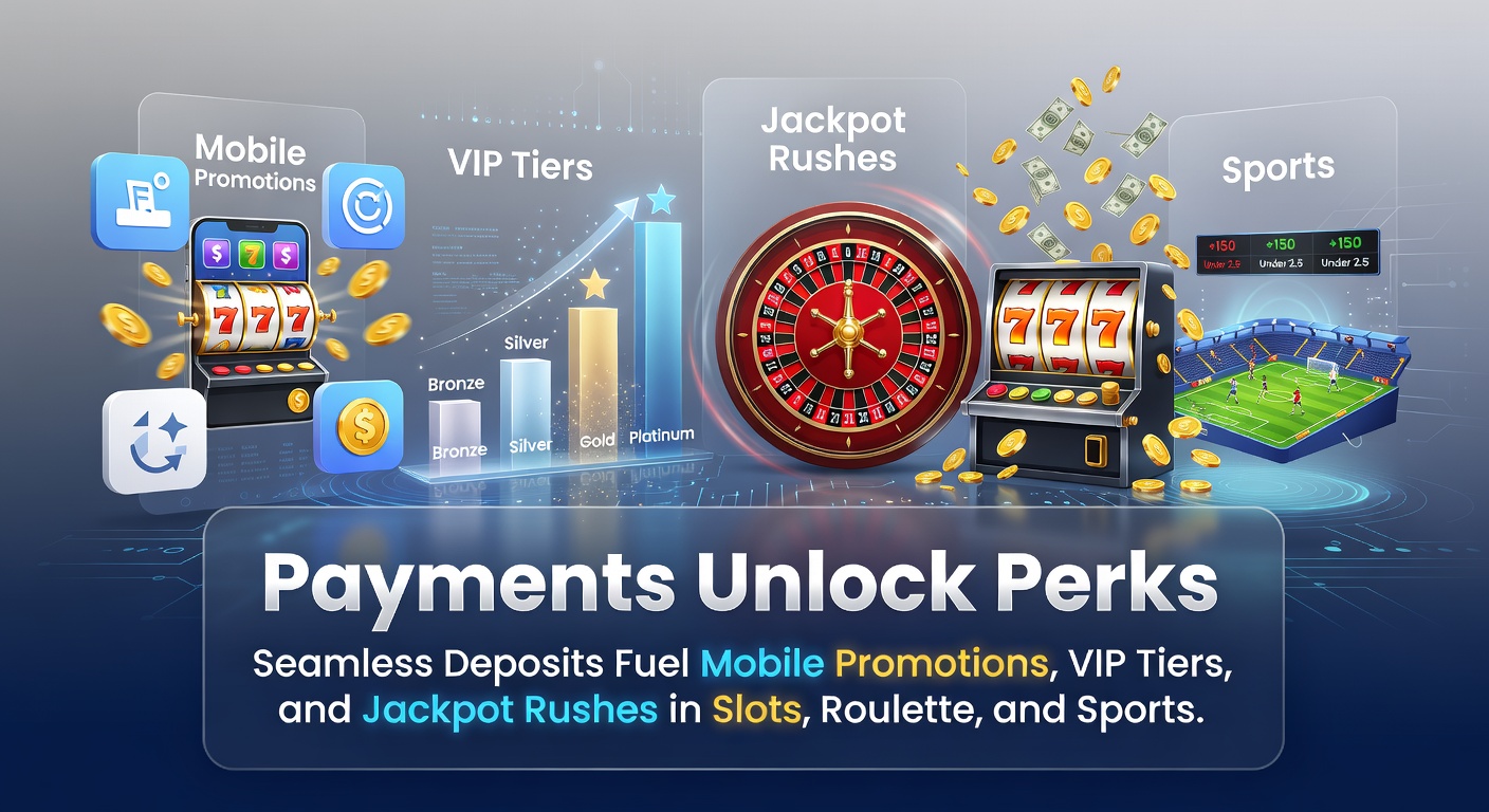 Vibrant mobile screen showing instant deposit confirmation alongside flashing slot jackpots, roulette wheel, and sports betting odds, highlighting seamless payments leading to exclusive perks