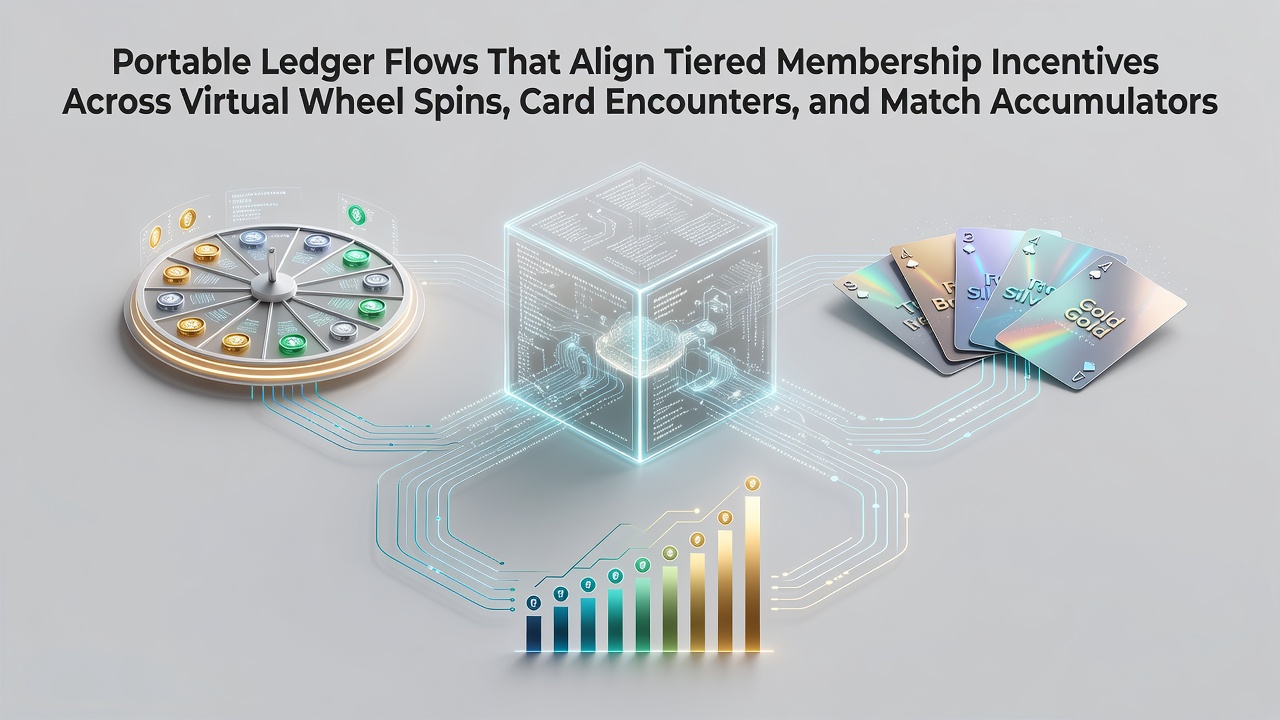 Diagram showing portable ledger flows connecting tiered membership incentives across virtual wheel spins, card encounters, and match accumulators
