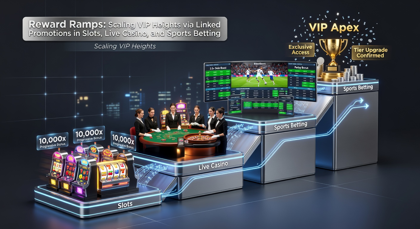 Digital graphic illustrating a upward ramp connecting slot reels, live dealer roulette wheel, and sports betting ticket with VIP badges at the peak