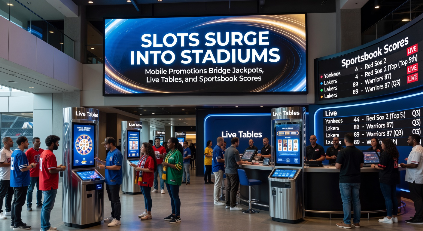 Crowd in a packed stadium cheering during a live sports event, with overlaid mobile app screens showing slot jackpots and sportsbook odds
