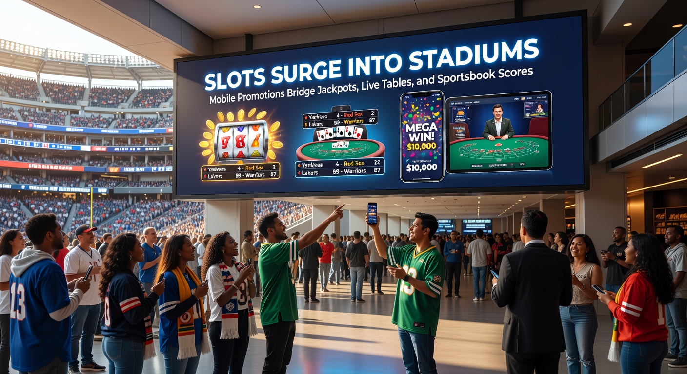 Mobile phone screen displaying a slot jackpot win notification synced with a stadium scoreboard and live dealer table invite