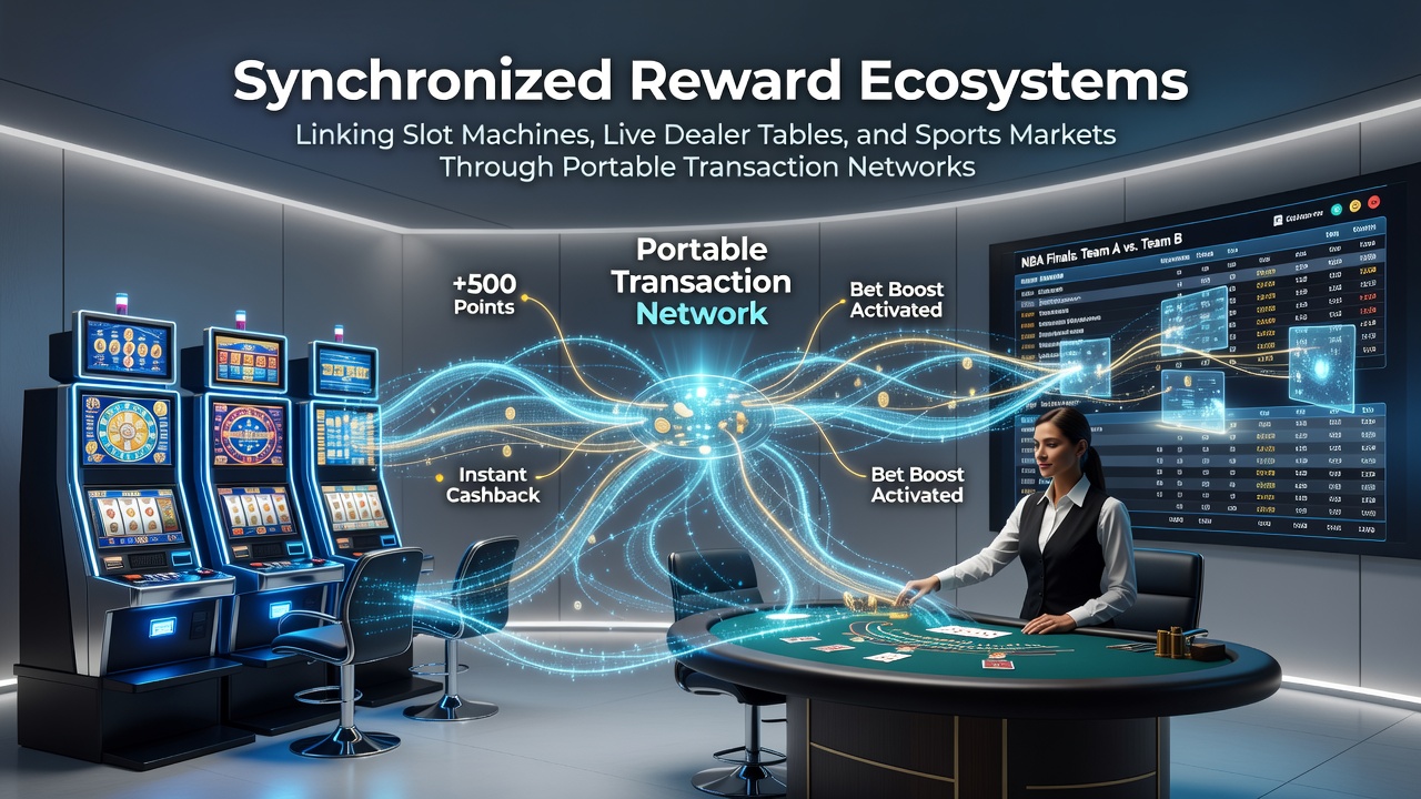 Illustration of mobile transaction networks connecting slot machines, live dealer tables, and sports betting interfaces through synchronized reward systems