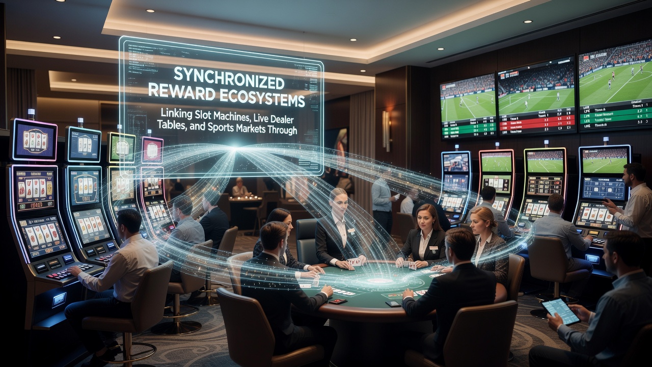 Diagram showing data flows between slot machines, live dealer tables, sports markets, and portable transaction networks in a synchronized rewards setup
