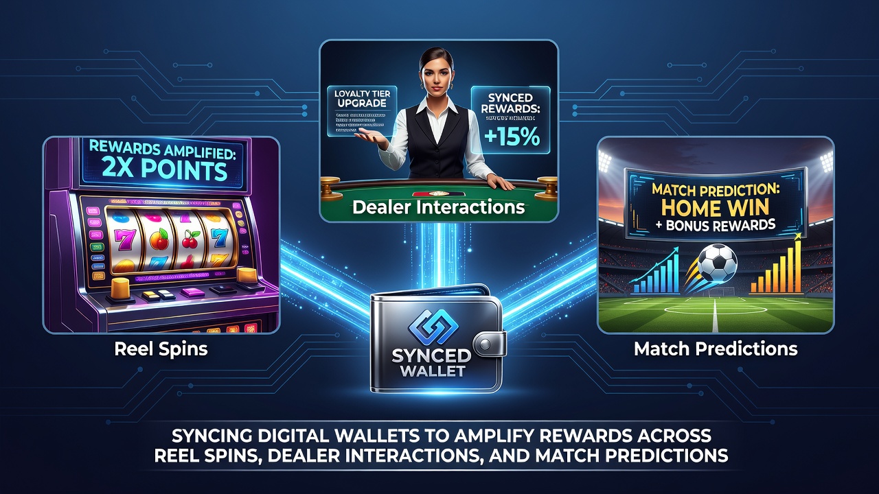 Digital wallet interface displaying synced rewards from slots, live dealer tables, and sports predictions