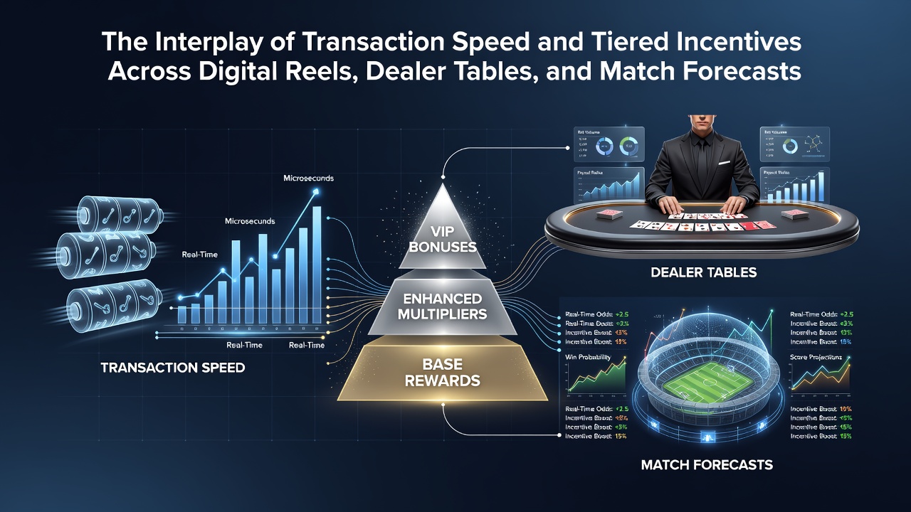 Digital interface showing transaction speeds connecting slot reels, live dealer tables, and sports match forecasts with tiered reward indicators