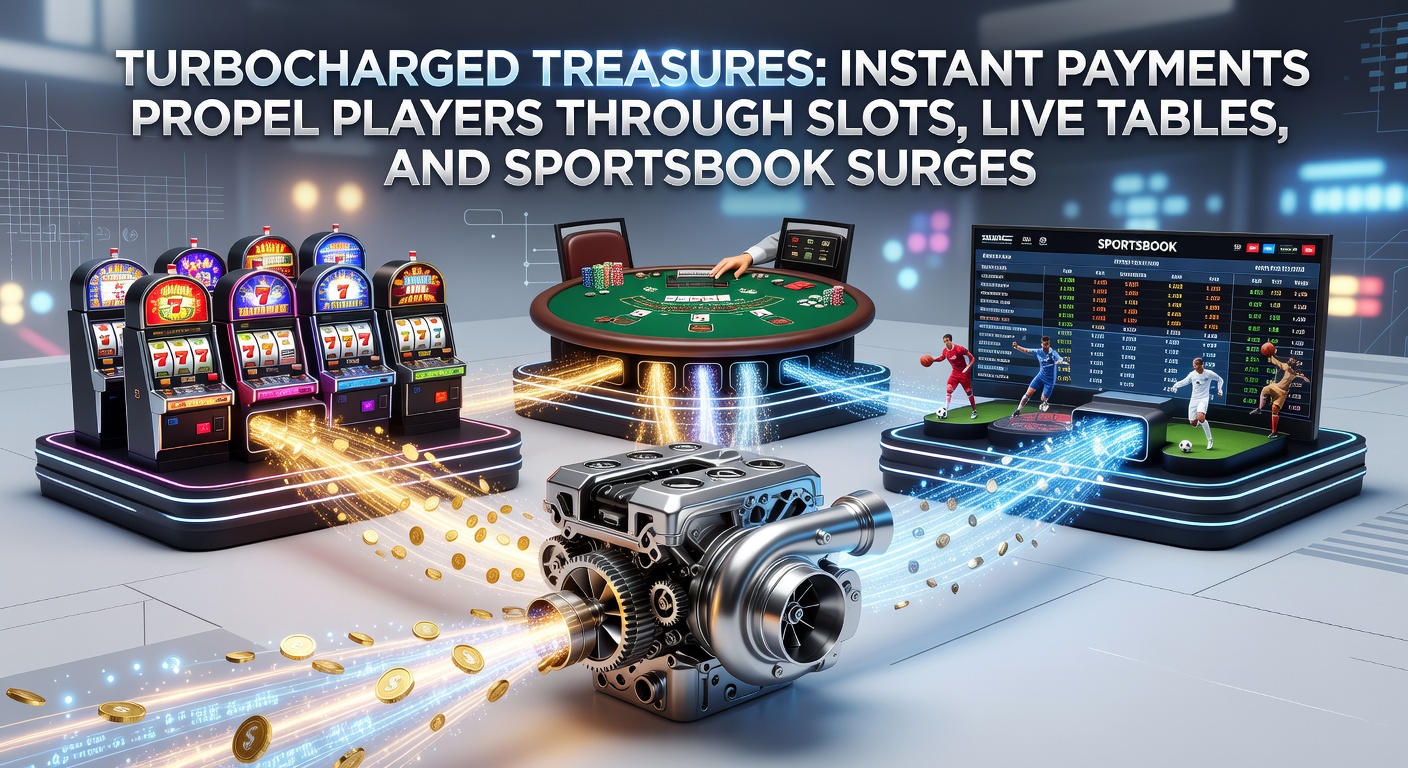 Dynamic graphic showing instant payment icons speeding through online casino games like slots, roulette tables, and sports betting interfaces