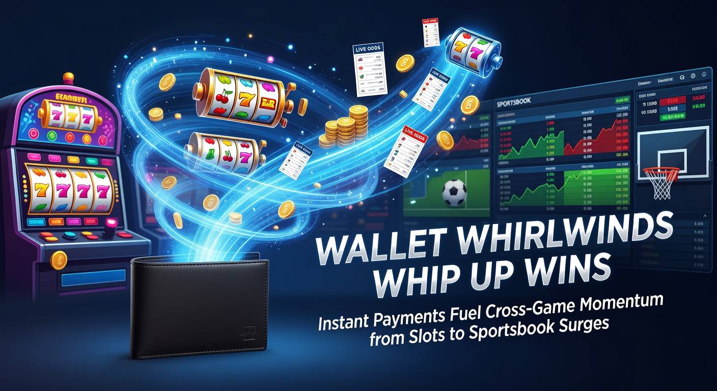 Dynamic graphic showing wallet icons swirling between slot machines and sportsbook odds boards, symbolizing rapid fund transfers and winning momentum