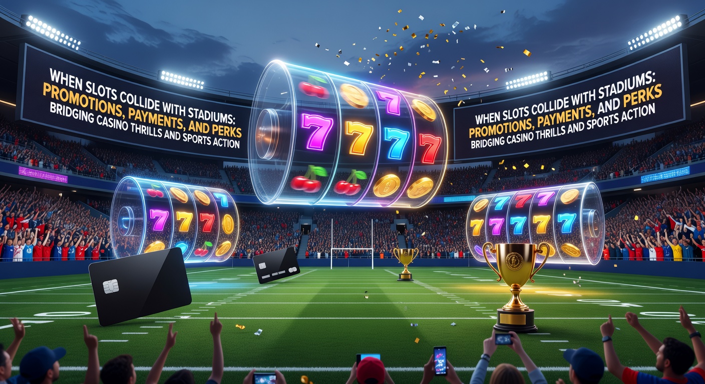 Vibrant stadium crowd cheering under lights with overlaid slot machine reels spinning jackpot symbols, illustrating the fusion of sports excitement and casino gaming